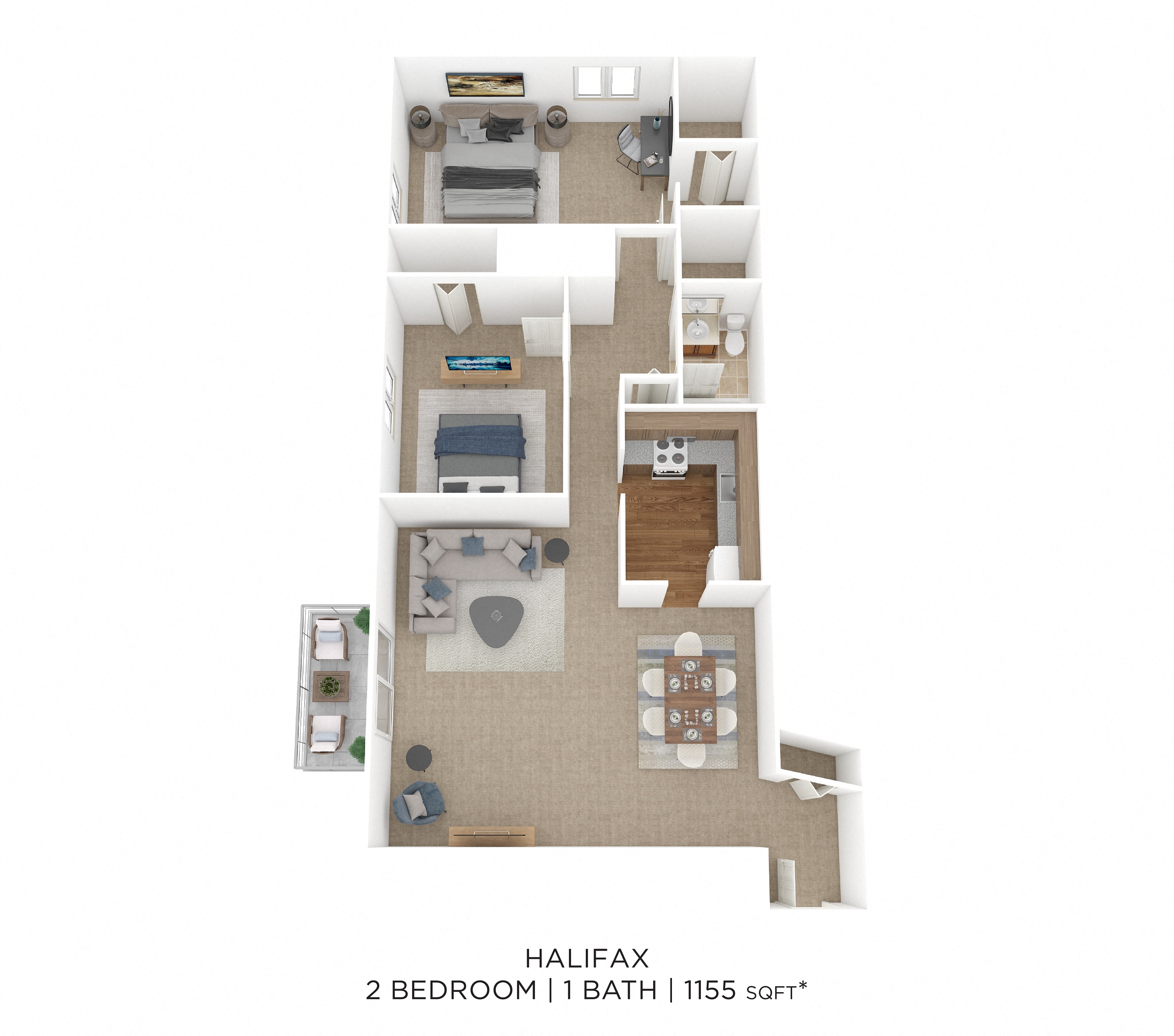 Floor plan for 2 beds, 1 bath, 1155 sqft